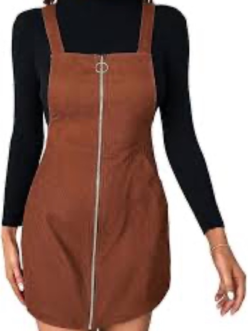 Suede Zip-Front Mini Pinafore Dress in Rust - Picture 3 of 8
